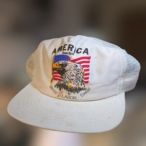 VTG USA UNION BUILT Eagle Hat  Trucker Topco White American Flag Labor Illinois